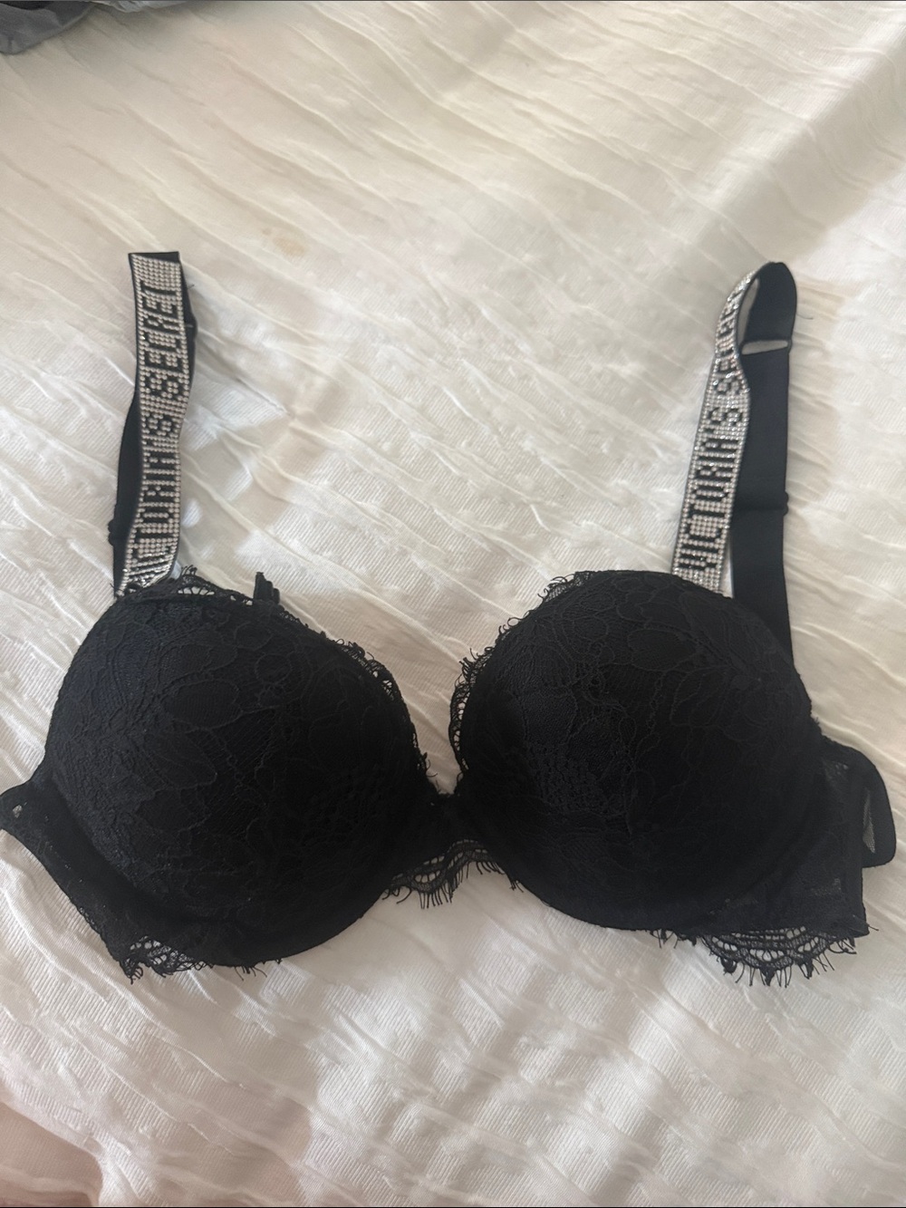 Victorias Secret Black Lace Push-Up Bra with Embellished Straps